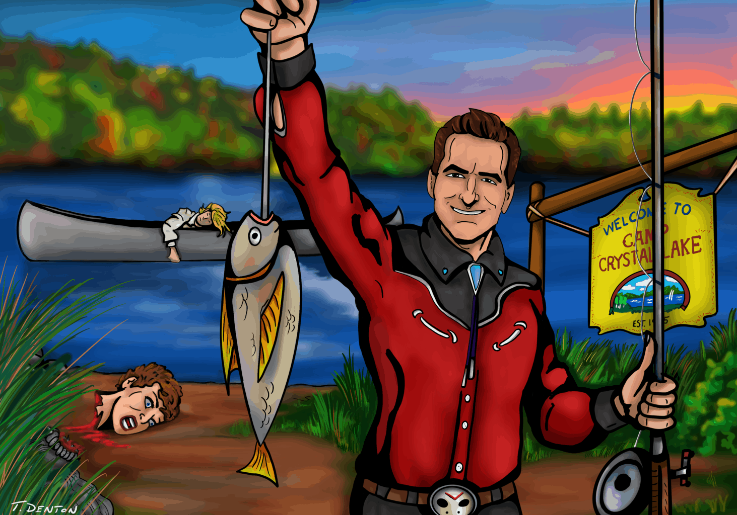 An illustrated image of Joe Bob Briggs showing off his daily catch at Camp Crytal Lake with Mrs. Vorhees' severed head in the background
