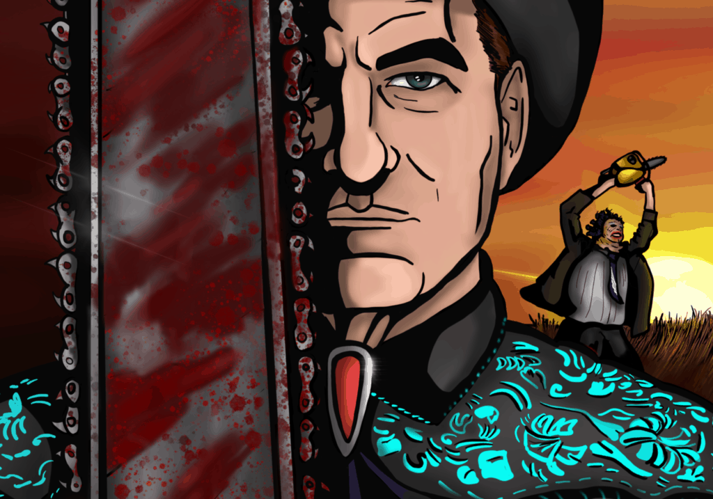 A color illustration of Joe Bob Briggs with Leatherface dancing in the distance