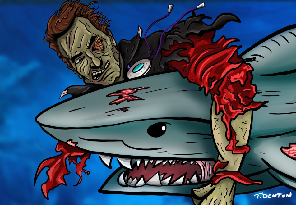 The Last Drive-In Season 5, Week 1: Zombie Joe Bob Briggs fights a shark. Art by T.J. Denton (@TDenton_1138 on Twitter)