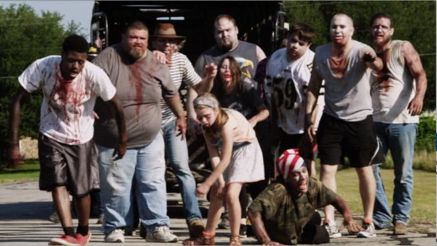 A horde of zombies approach the crew in "American Zombieland." (Screen capture from DVD by reviewer Ben Nagy)
